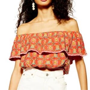 Topshop Orange Off-Shoulder Ruffled Crop Blouse